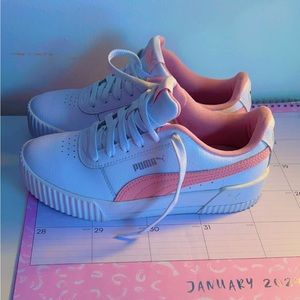 Girls size 3 Pink and white pumas worn twice